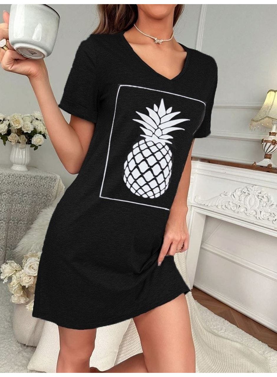 Kadın Ananas Baskılı Kısa Kol Viskon Elbise
