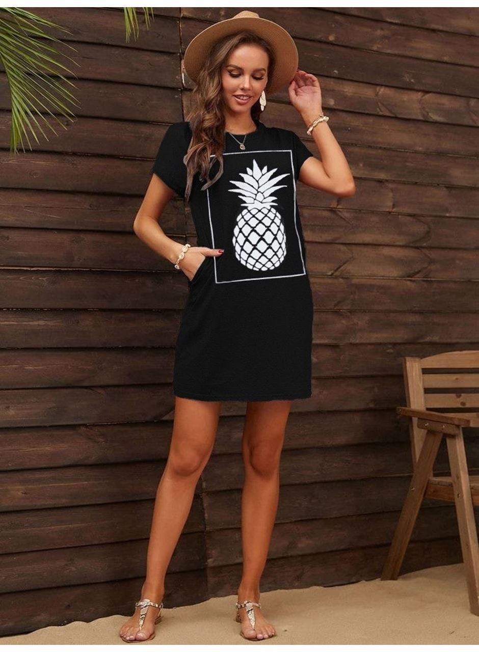 Kadın Ananas Baskılı Kısa Kol Viskon Elbise