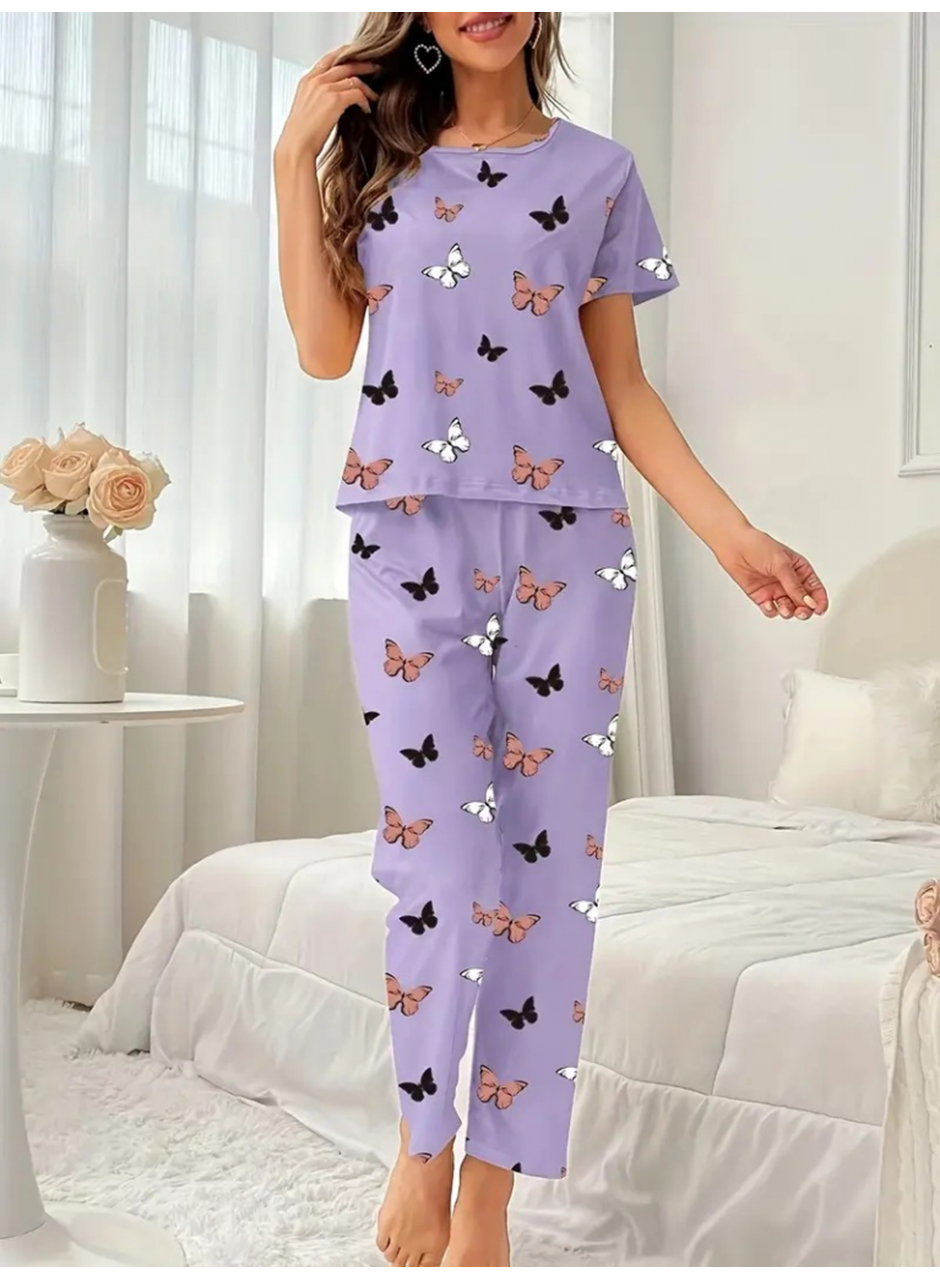 Kadın Kısa Kollu Bisiklet Yaka Kelebek Baskılı Süprem Ikili Takım