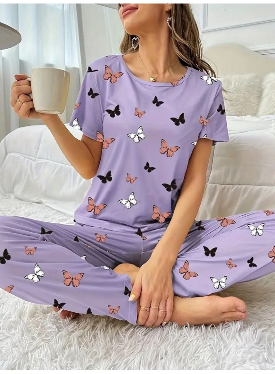 Kadın Kısa Kollu Bisiklet Yaka Kelebek Baskılı Süprem Ikili Takım