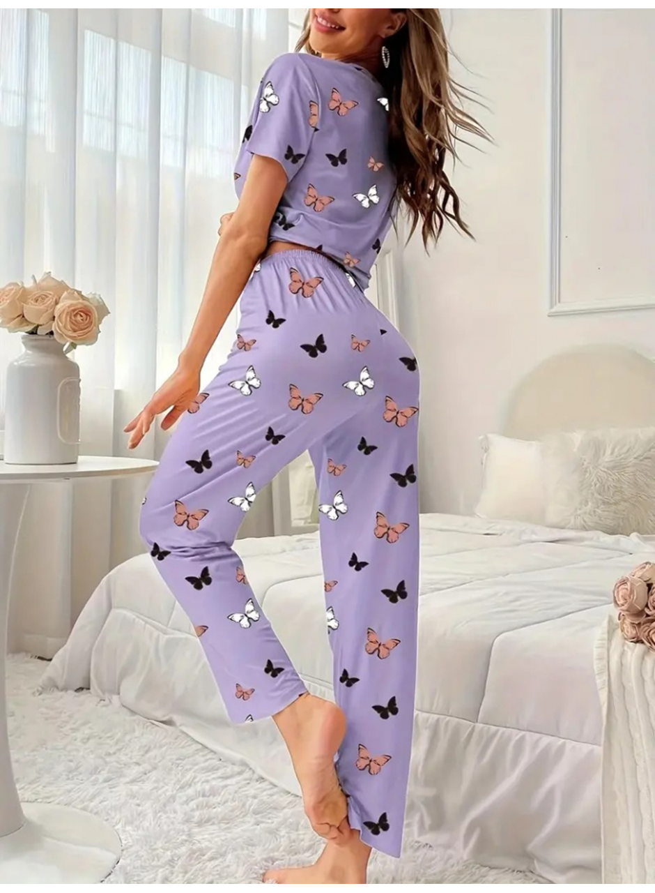 Kadın Kısa Kollu Bisiklet Yaka Kelebek Baskılı Süprem Ikili Takım