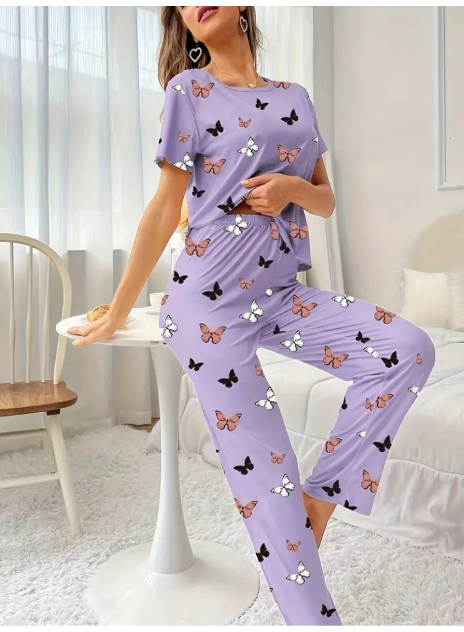 Kadın Kısa Kollu Bisiklet Yaka Kelebek Baskılı Süprem Ikili Takım