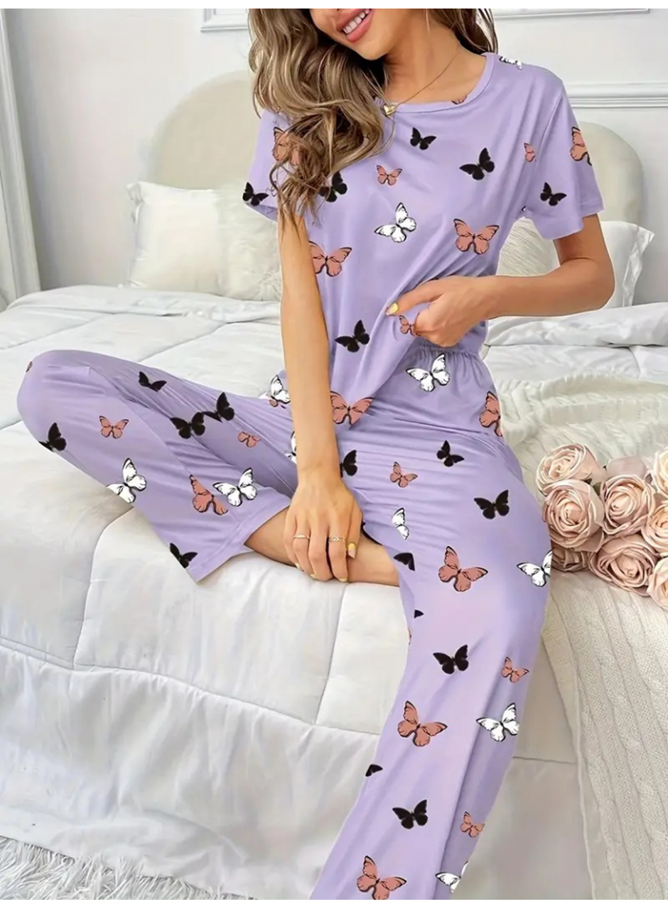 Kadın Kısa Kollu Bisiklet Yaka Kelebek Baskılı Süprem Ikili Takım