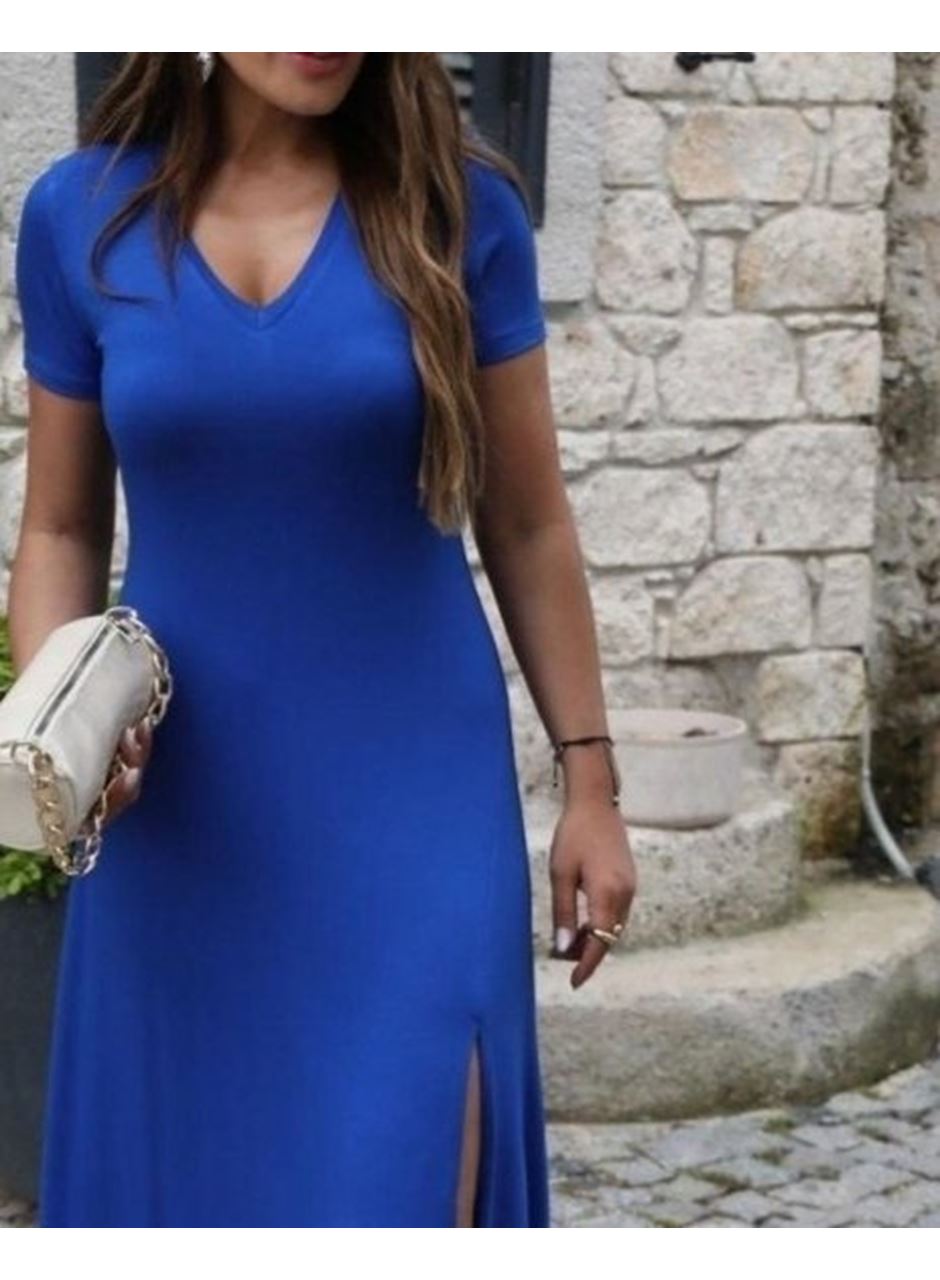 Kadın Kısa Kollu V Yaka Maxi Boy Elbise 124 Cm