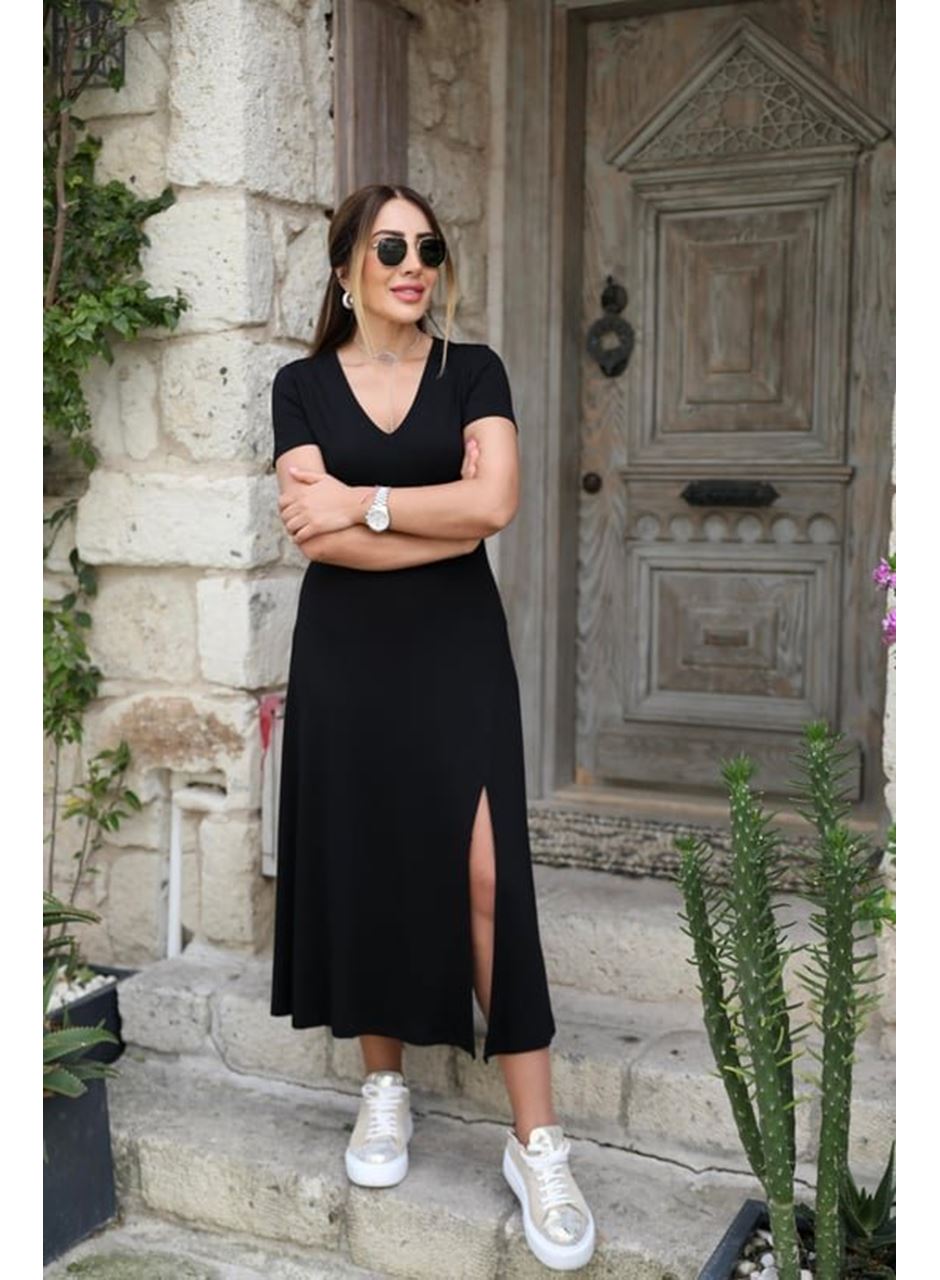 Kadın Kısa Kollu V Yaka Maxi Boy Elbise 124 Cm