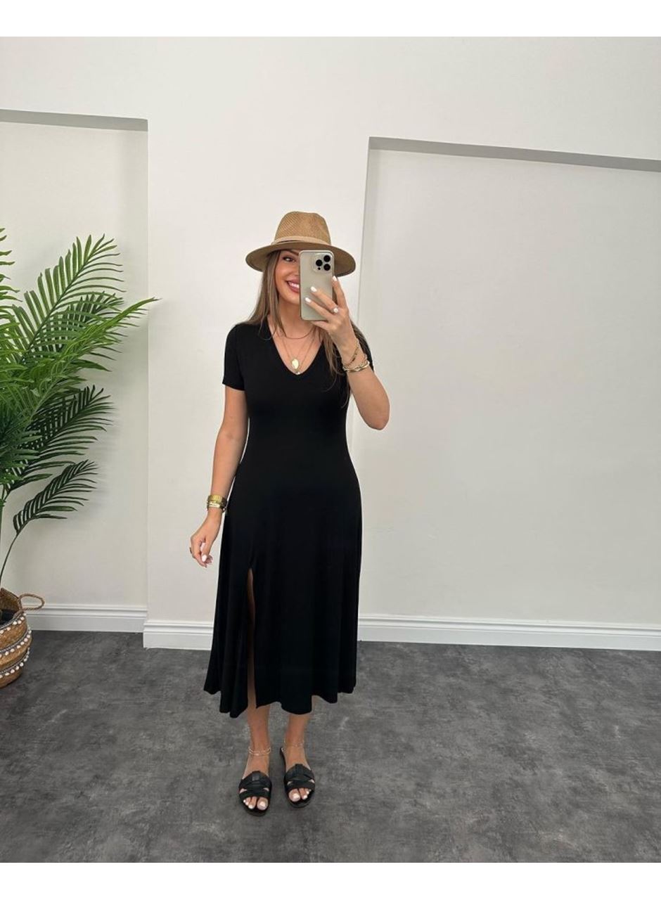 Kadın Kısa Kollu V Yaka Maxi Boy Elbise 124 Cm