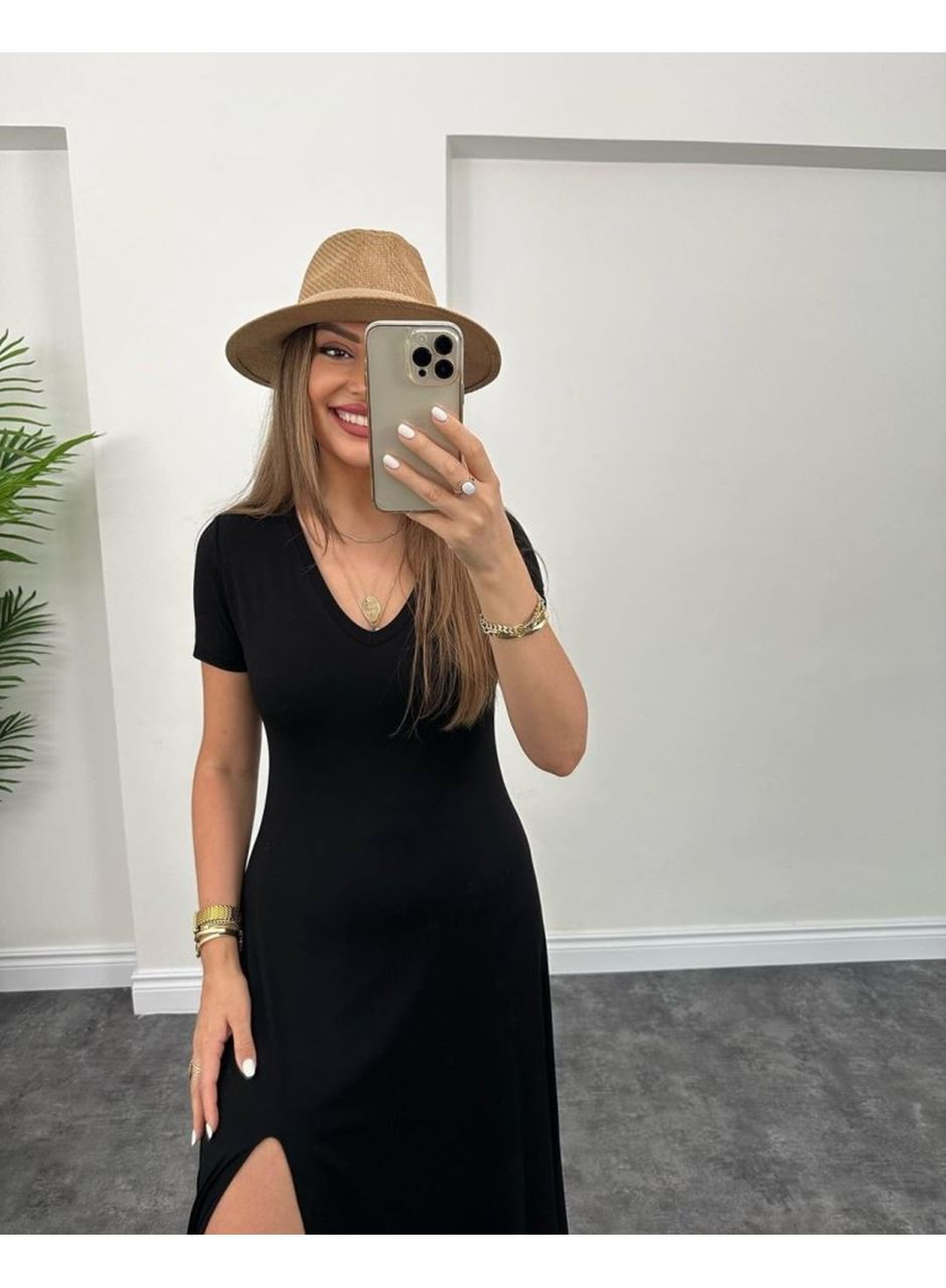 Kadın Kısa Kollu V Yaka Maxi Boy Elbise 124 Cm