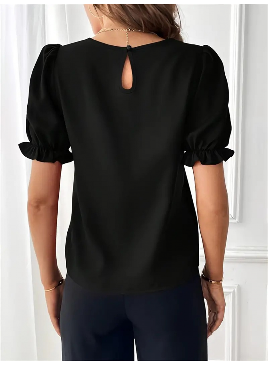 Kadın Kısa Kollu Bisiklet Yaka Kolları Gipeli Ithal Krep Bluz