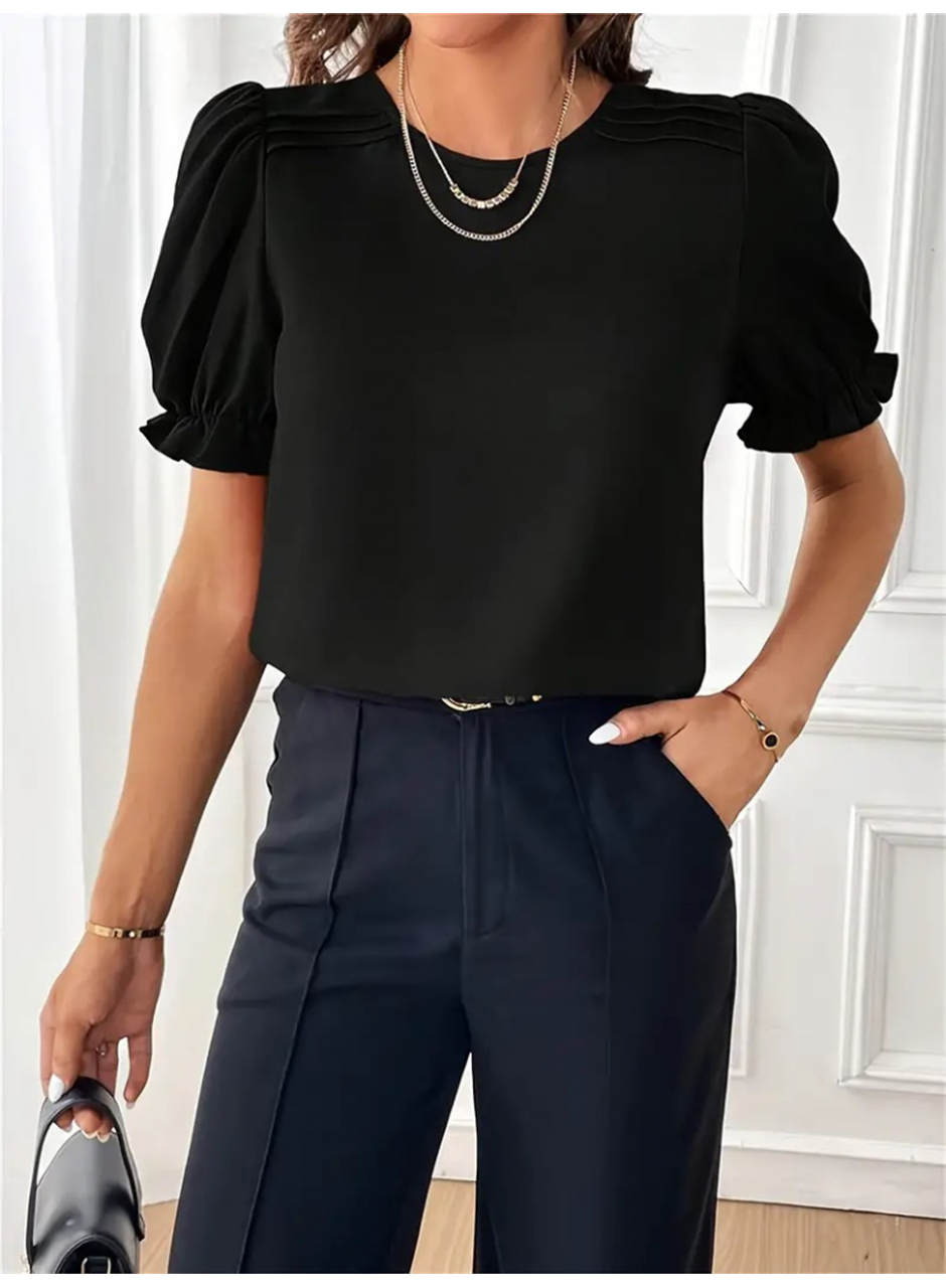 Kadın Kısa Kollu Bisiklet Yaka Kolları Gipeli Ithal Krep Bluz