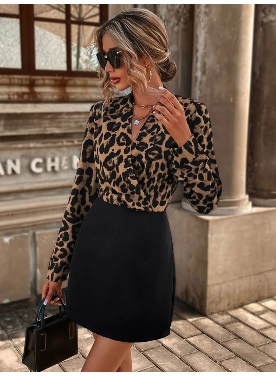 Kadın Uzun Kollu Kruvaze Yaka Krep Mini Boy Elbise