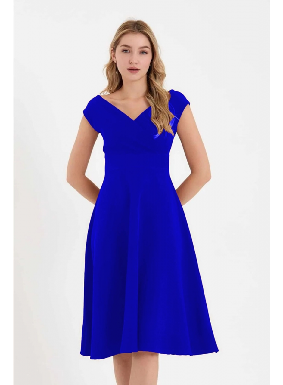 Kadın Kısa Kollu Kruvaze Yaka Eteği Volanlı Krep Elbise