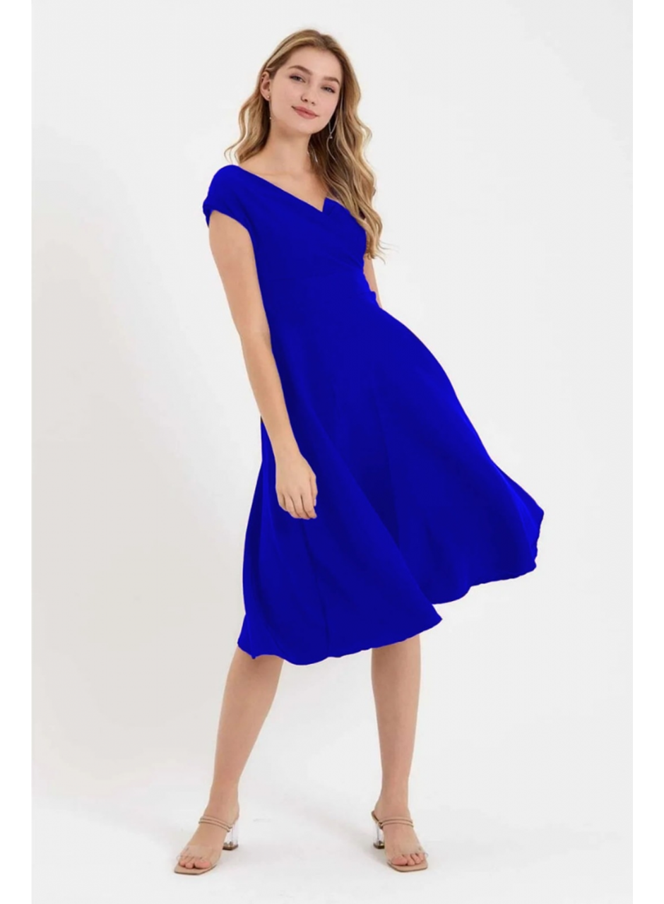 Kadın Kısa Kollu Kruvaze Yaka Eteği Volanlı Krep Elbise