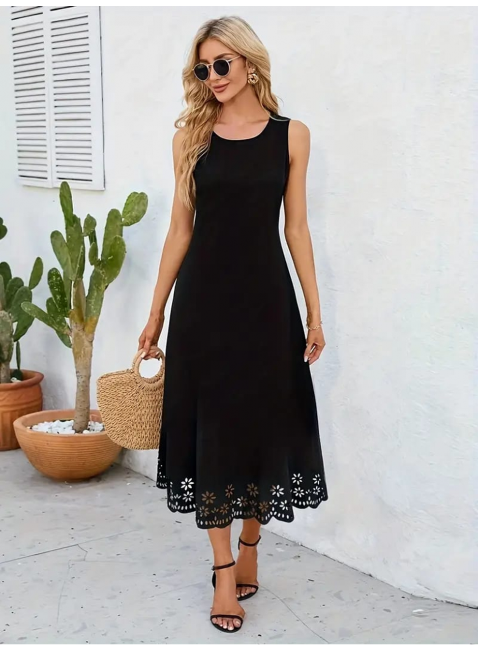 Kadın Kolsuz Etek Ucu Lazer Kesim çiçek Desenli Midi Boy Janjan Krep Elbise