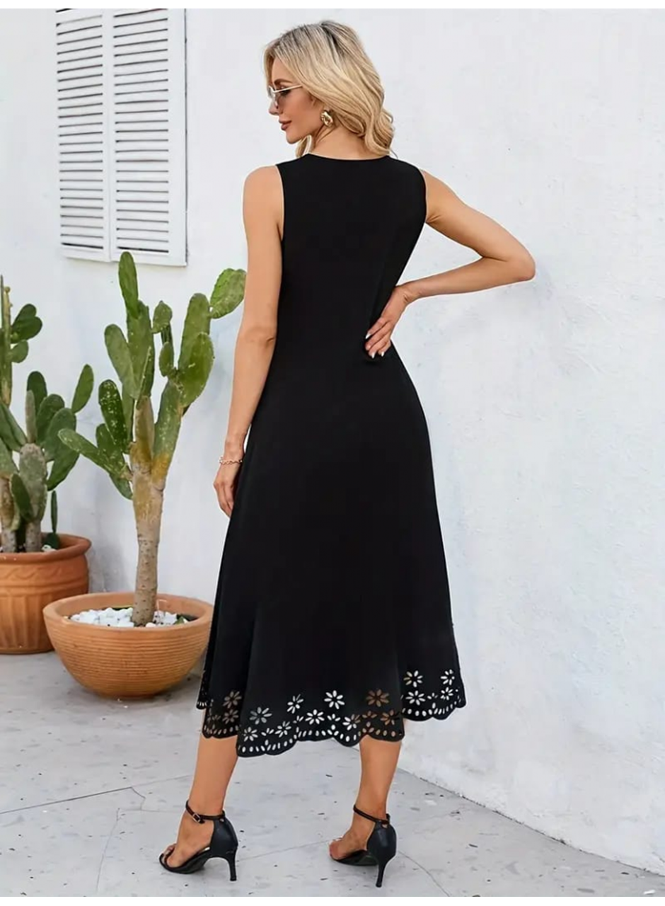 Kadın Kolsuz Etek Ucu Lazer Kesim çiçek Desenli Midi Boy Janjan Krep Elbise