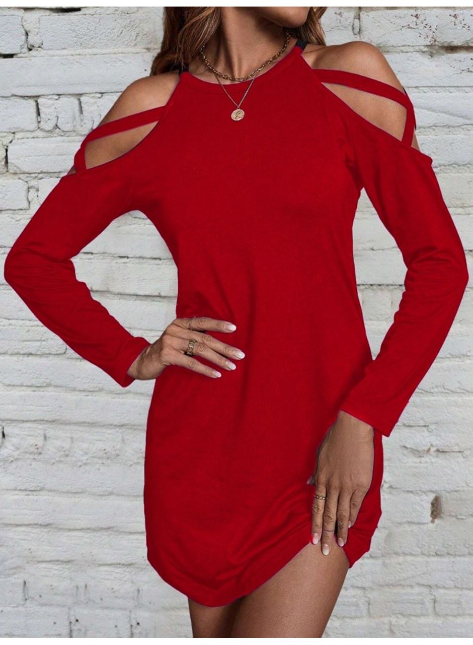 Kadın Uzun Kollu Omuz Açık Askı Detay Viskon Mini Boy Elbise