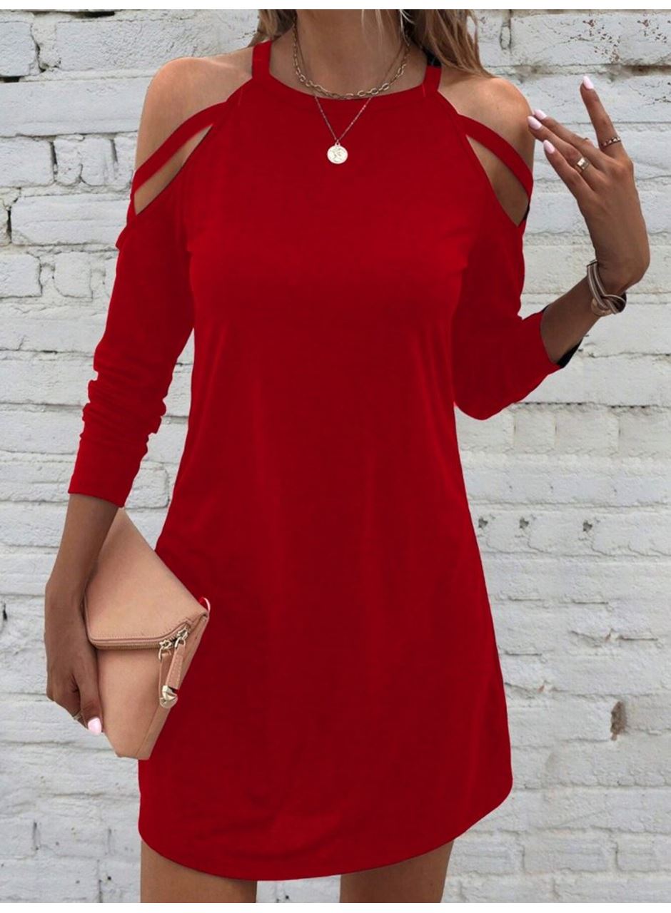 Kadın Uzun Kollu Omuz Açık Askı Detay Viskon Mini Boy Elbise