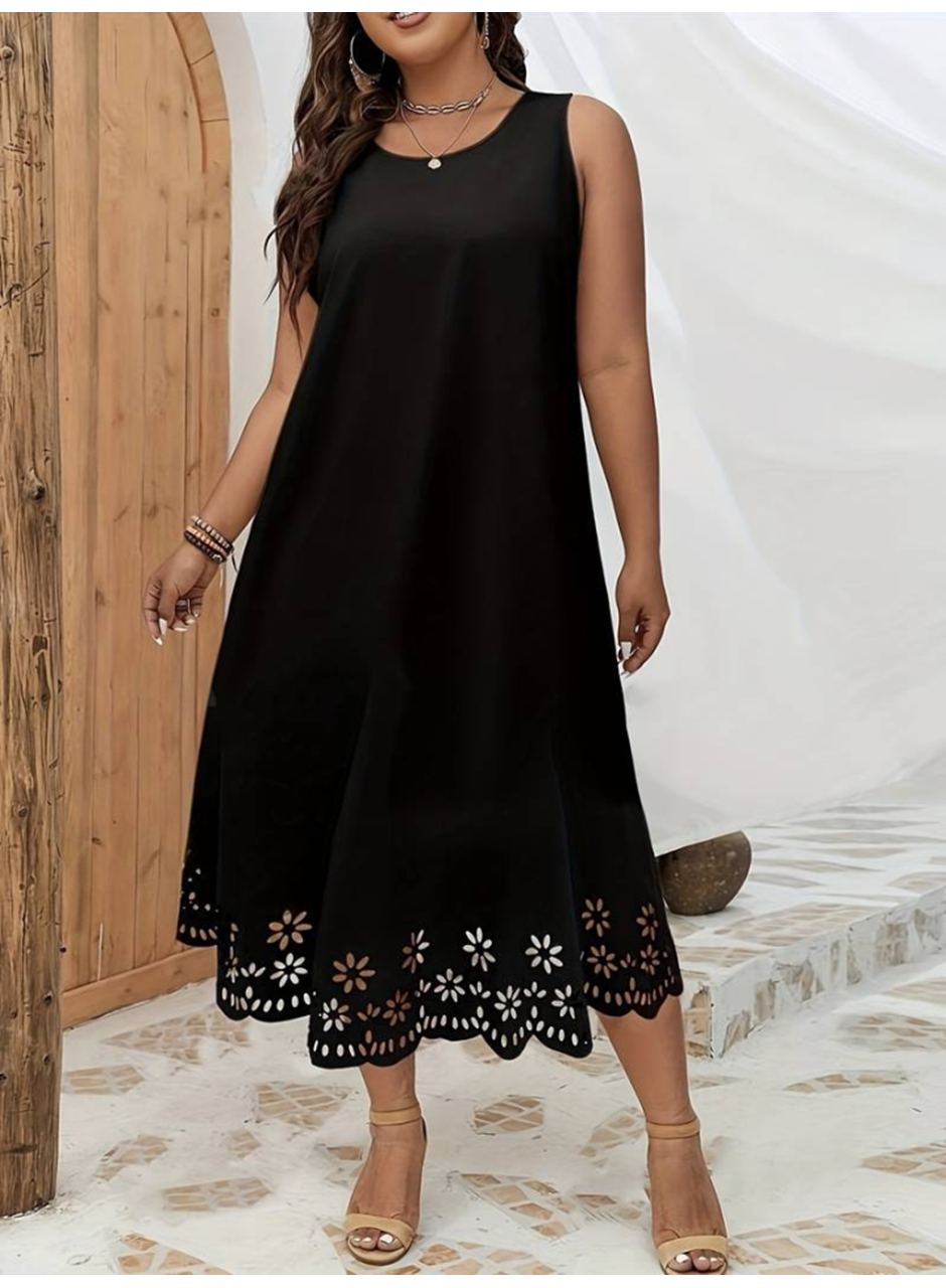 Kadın Kolsuz Etek Ucu Lazer Kesim çiçek Desenli Midi Boy Janjan Krep Elbise