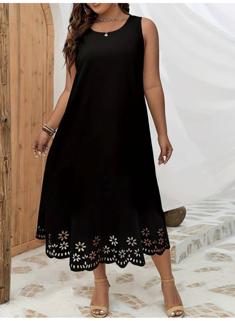 Kadın Kolsuz Etek Ucu Lazer Kesim çiçek Desenli Midi Boy Janjan Krep Elbise