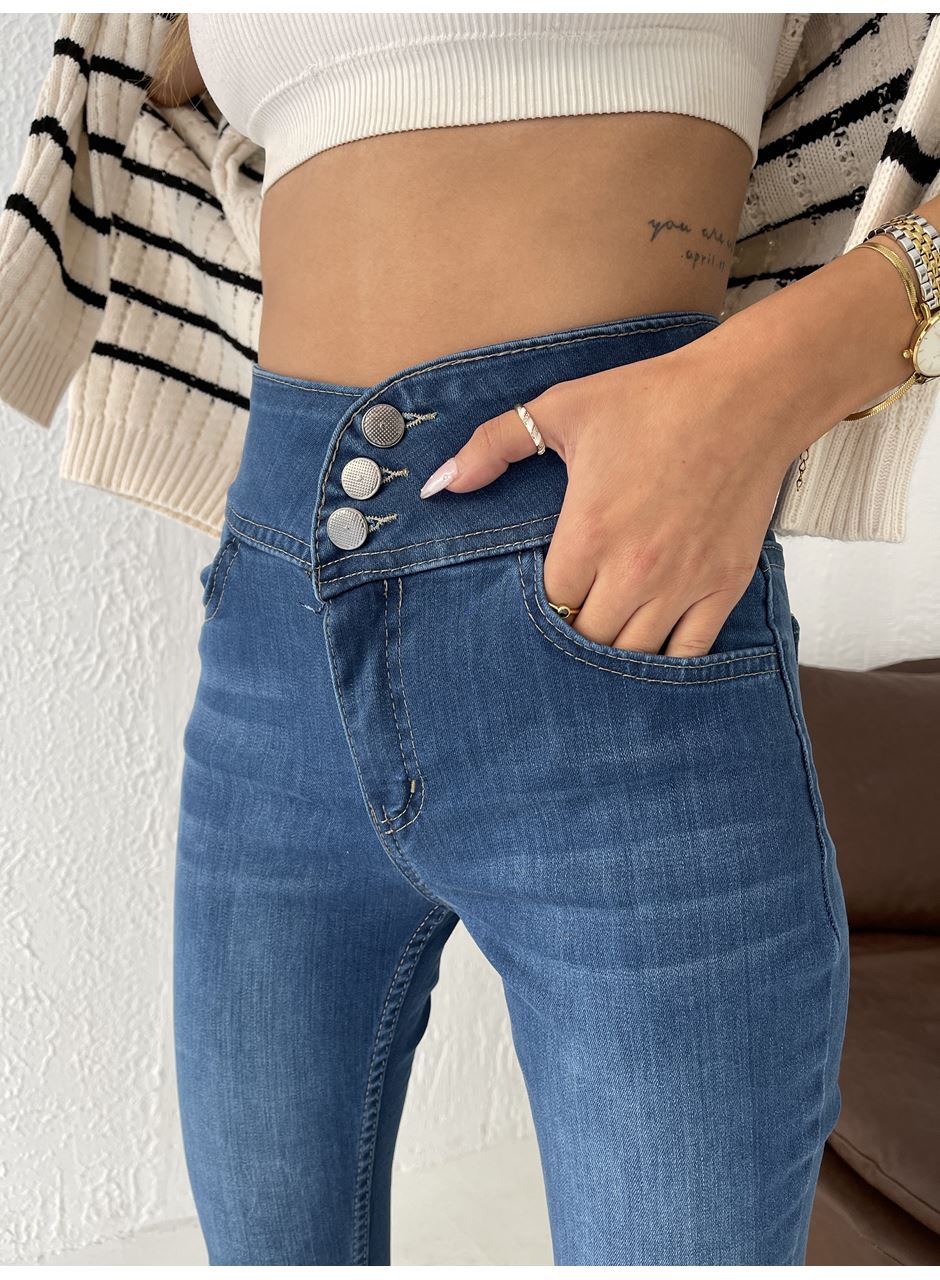 Yüksek Bel Likralı Jean Pantolon 90 Cm