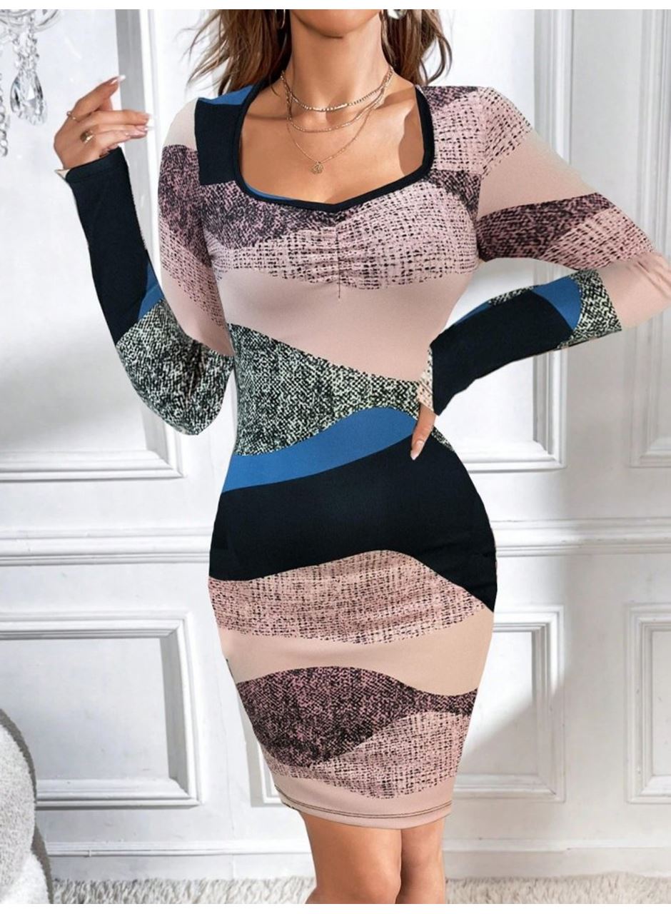 Kadın Uzun Kollu Göğüs Dekolte Detay Dalgıç Mini Elbise