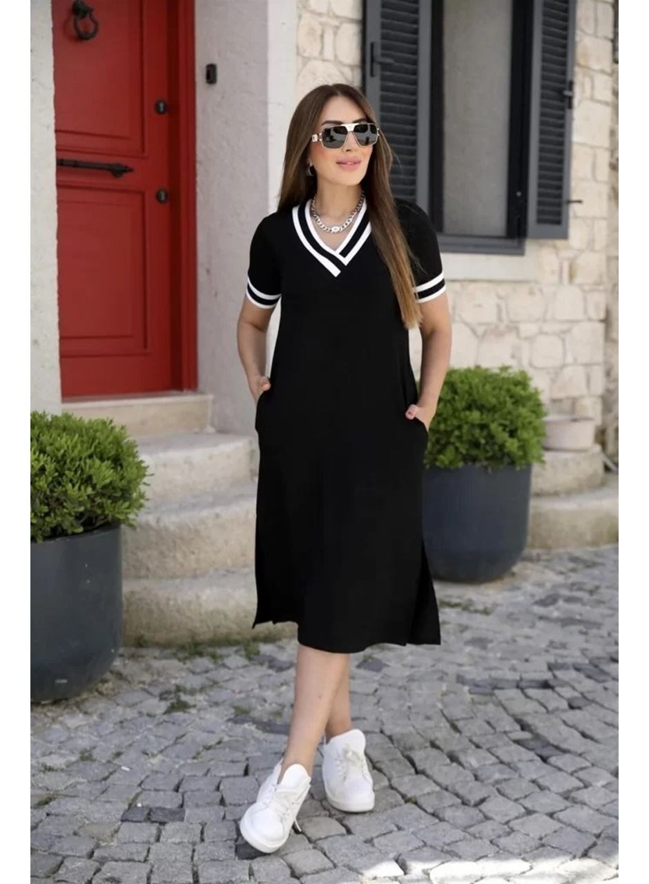 Kadın Kısa Kollu V Yaka Kol Ve Yaka Ribana Detay Midi Boy Viskon Elbise