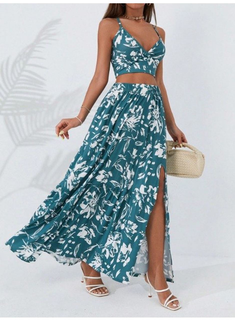 Kadın Ince Askılı çiçek Baskı Desenli Crop Yırtmaçlı Etek Ikili Süprem Takım