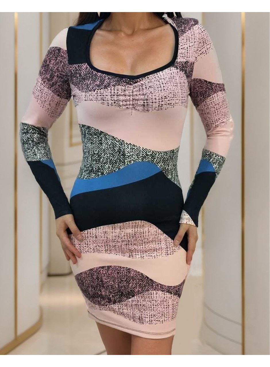 Kadın Uzun Kollu Göğüs Dekolte Detay Dalgıç Mini Elbise