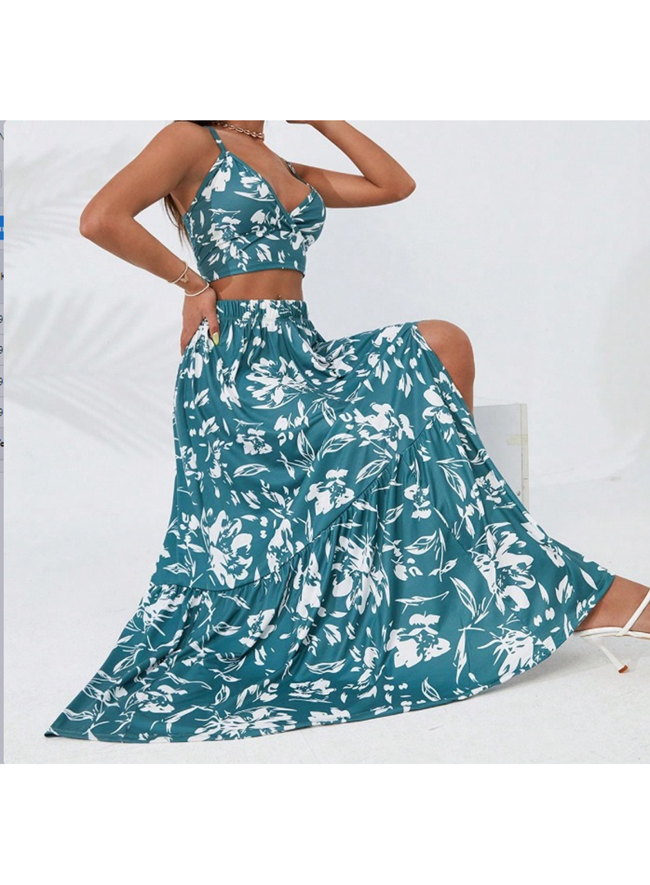 Kadın Ince Askılı çiçek Baskı Desenli Crop Yırtmaçlı Etek Ikili Süprem Takım
