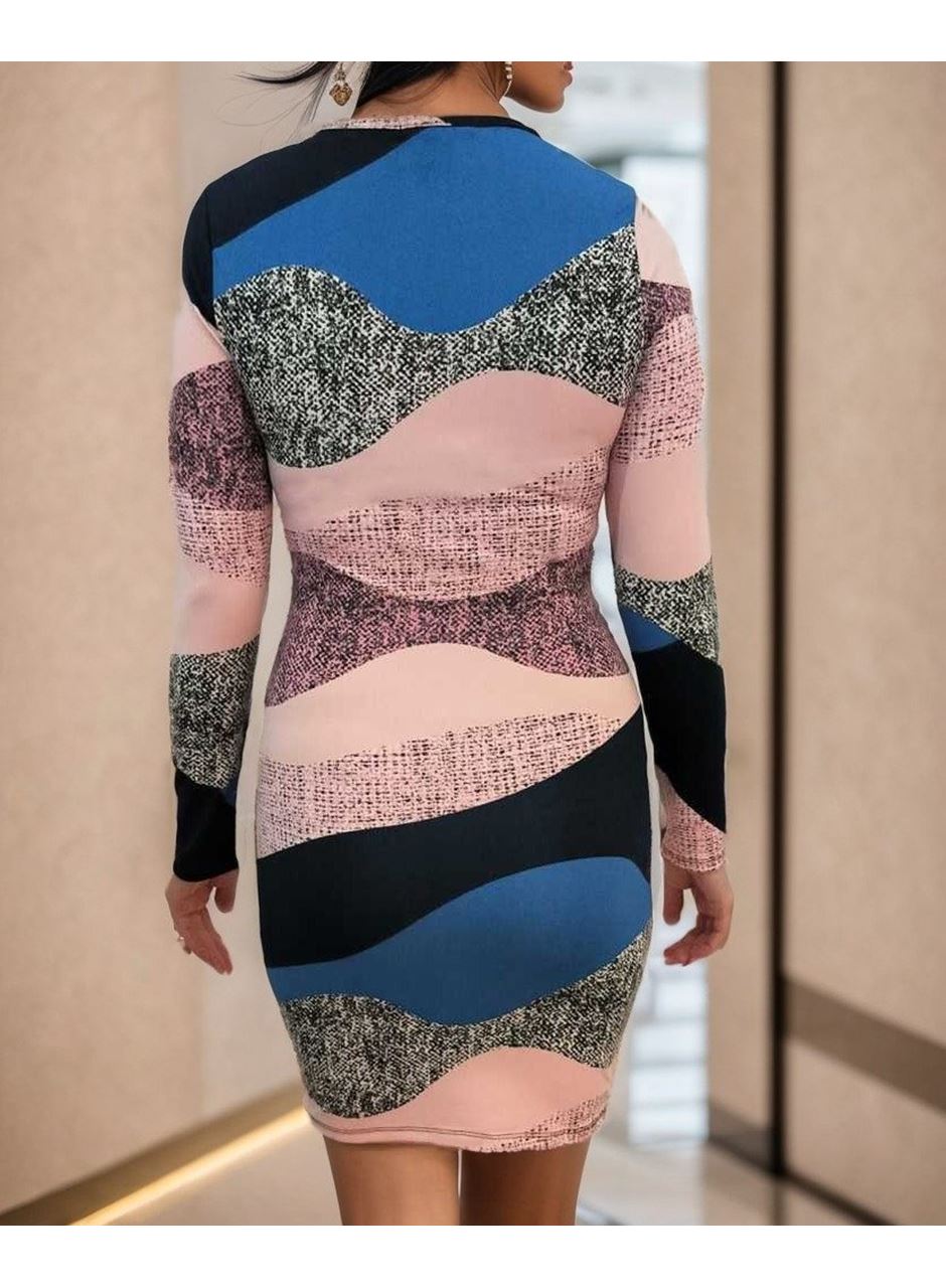 Kadın Uzun Kollu Göğüs Dekolte Detay Dalgıç Mini Elbise