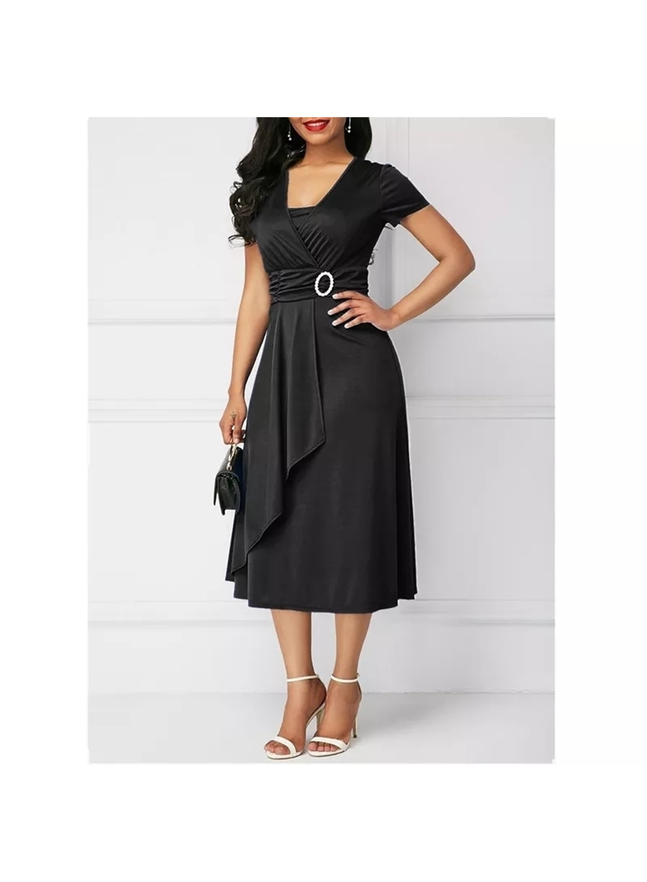 Kadın Kısa Kollu Kruvaze Yaka Kuşak Ve Toka Detay Krep Elbise