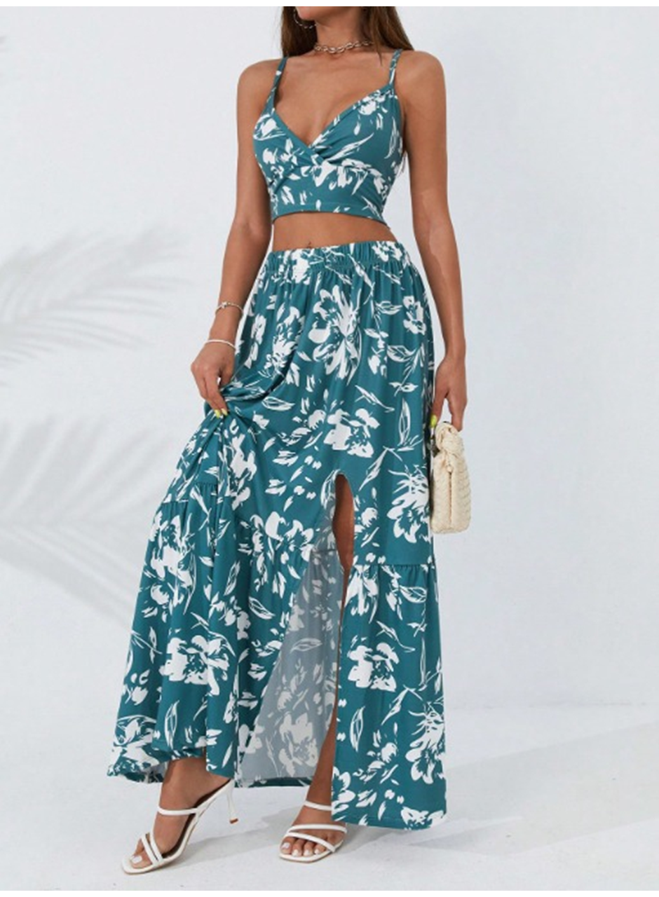 Kadın Ince Askılı çiçek Baskı Desenli Crop Yırtmaçlı Etek Ikili Süprem Takım