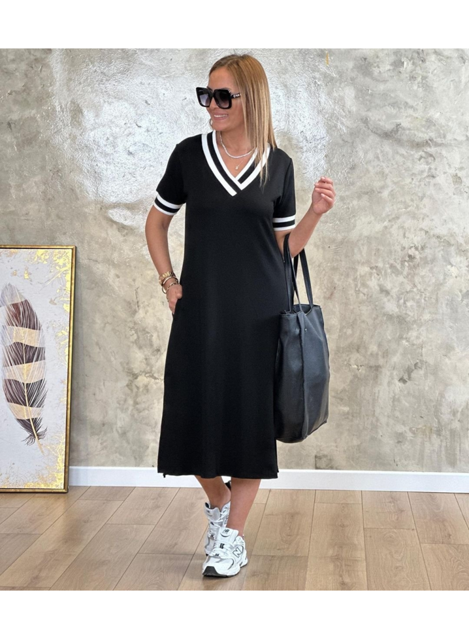 Kadın Kısa Kollu V Yaka Kol Ve Yaka Ribana Detay Midi Boy Viskon Elbise