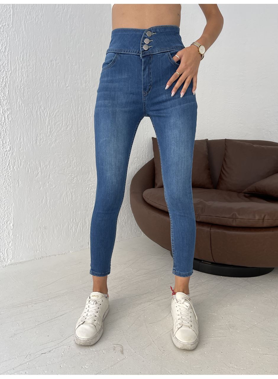 Yüksek Bel Likralı Jean Pantolon 90 Cm