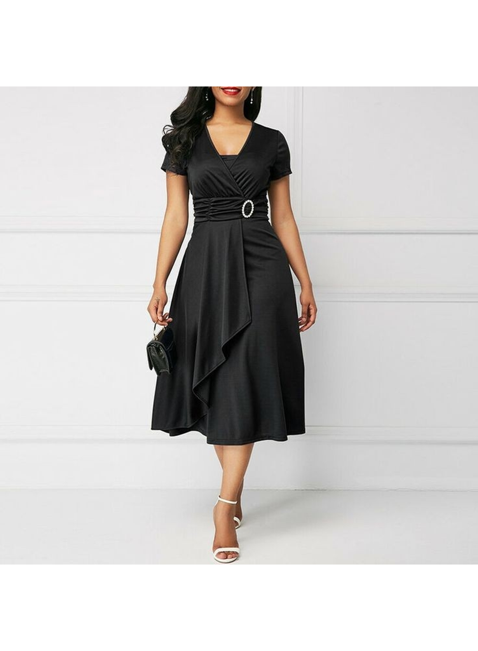 Kadın Kısa Kollu Kruvaze Yaka Kuşak Ve Toka Detay Krep Elbise