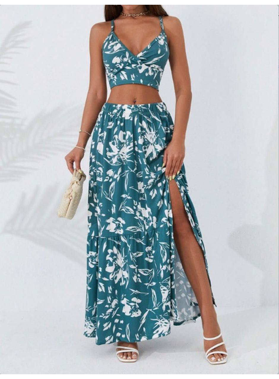 Kadın Ince Askılı çiçek Baskı Desenli Crop Yırtmaçlı Etek Ikili Süprem Takım