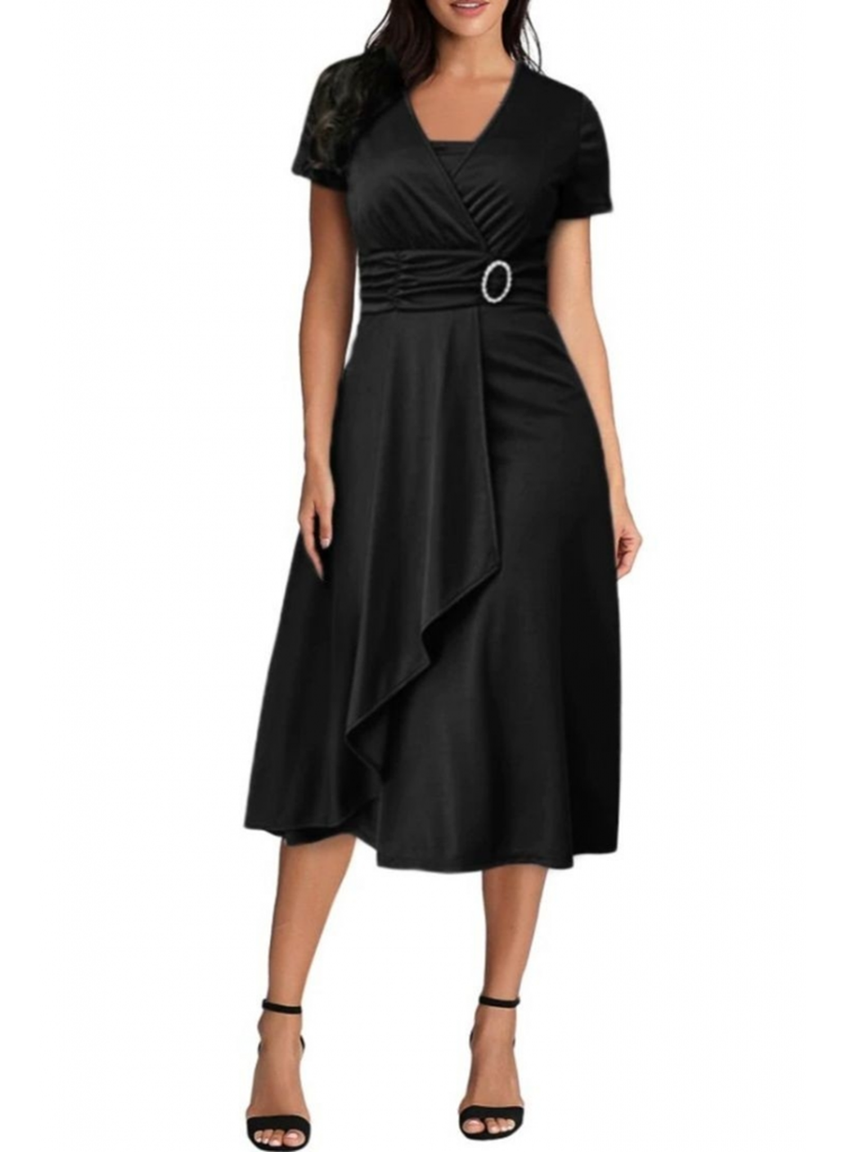 Kadın Kısa Kollu Kruvaze Yaka Kuşak Ve Toka Detay Krep Elbise