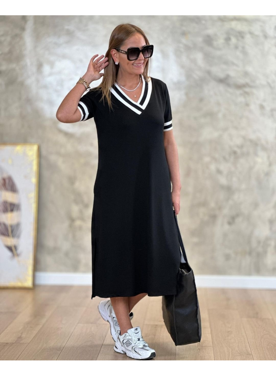 Kadın Kısa Kollu V Yaka Kol Ve Yaka Ribana Detay Midi Boy Viskon Elbise