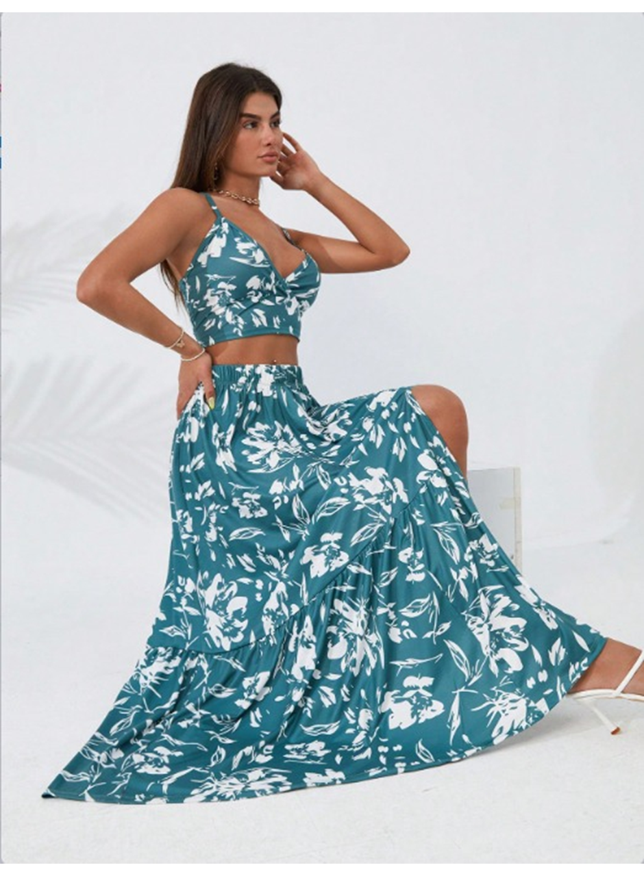 Kadın Ince Askılı çiçek Baskı Desenli Crop Yırtmaçlı Etek Ikili Süprem Takım