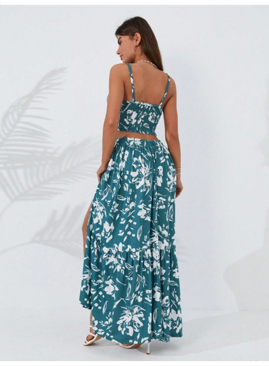 Kadın Ince Askılı çiçek Baskı Desenli Crop Yırtmaçlı Etek Ikili Süprem Takım