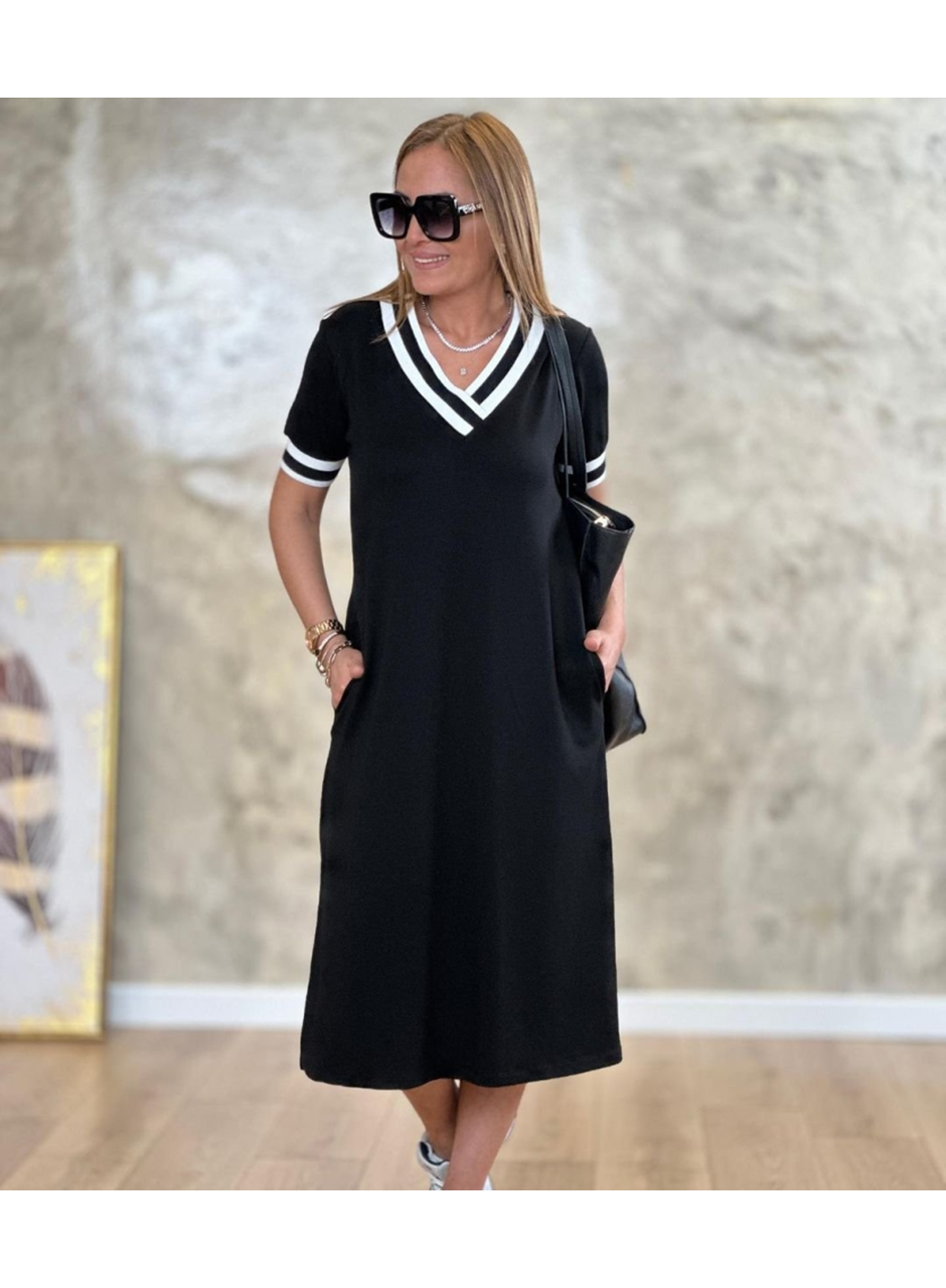 Kadın Kısa Kollu V Yaka Kol Ve Yaka Ribana Detay Midi Boy Viskon Elbise