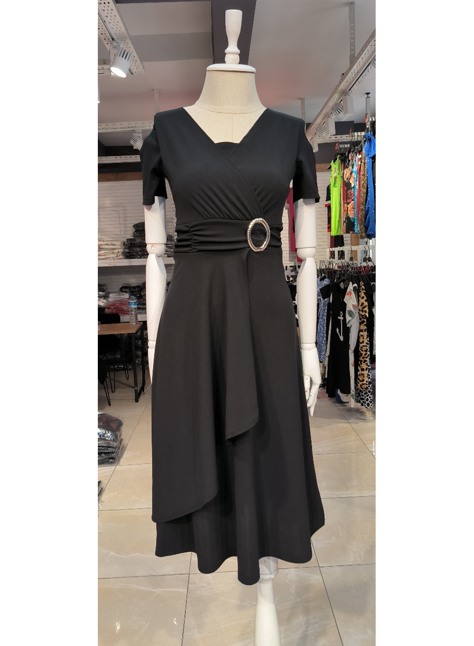 Kadın Kısa Kollu Kruvaze Yaka Kuşak Ve Toka Detay Krep Elbise