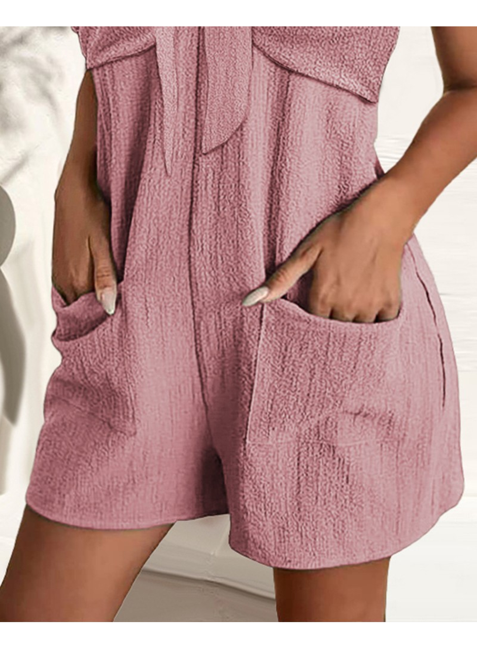 Kadın Kolsuz Askı Aksesuarlı önü Bağlama Detay Salopet şort Tulum