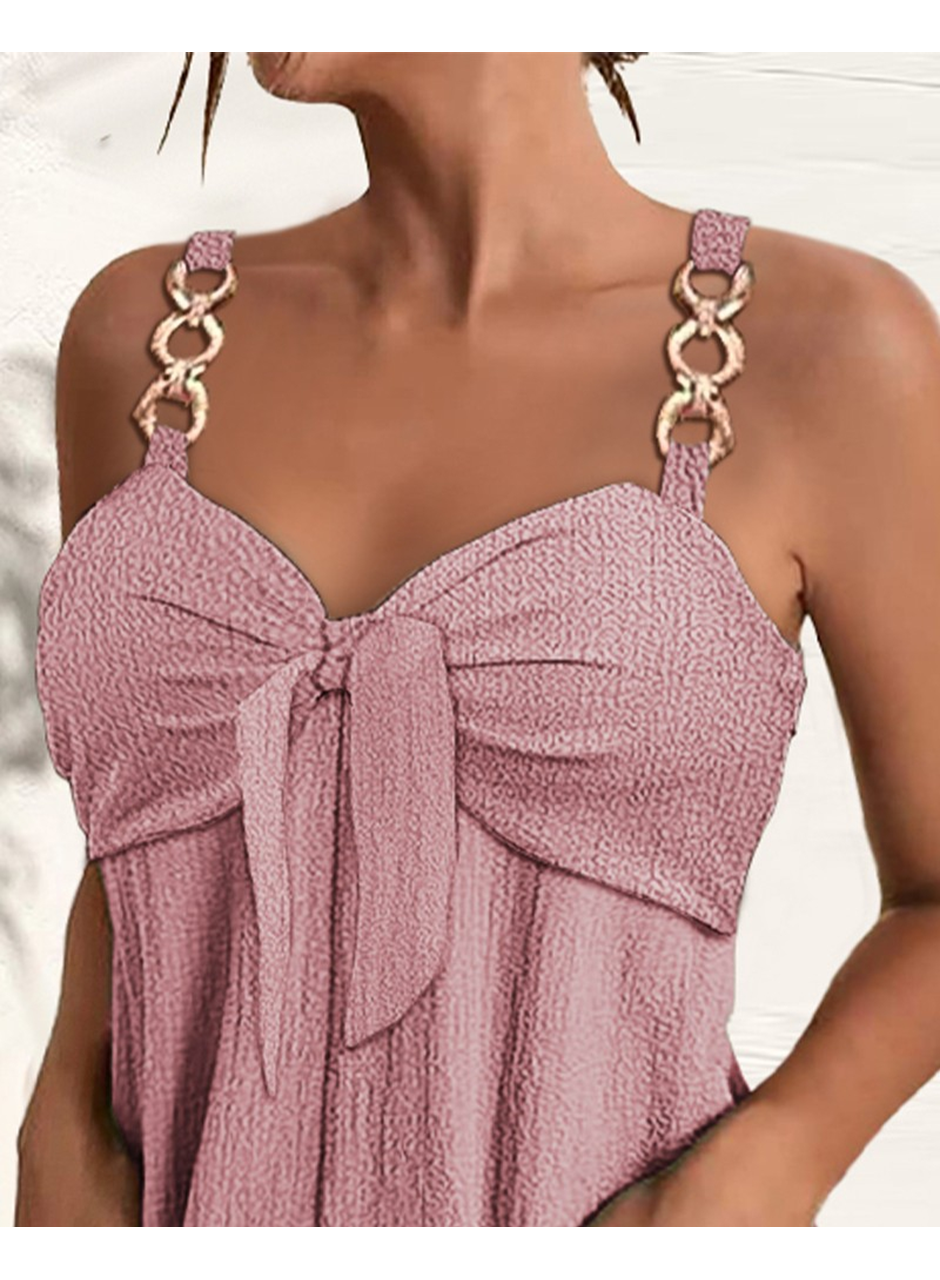 Kadın Kolsuz Askı Aksesuarlı önü Bağlama Detay Salopet şort Tulum