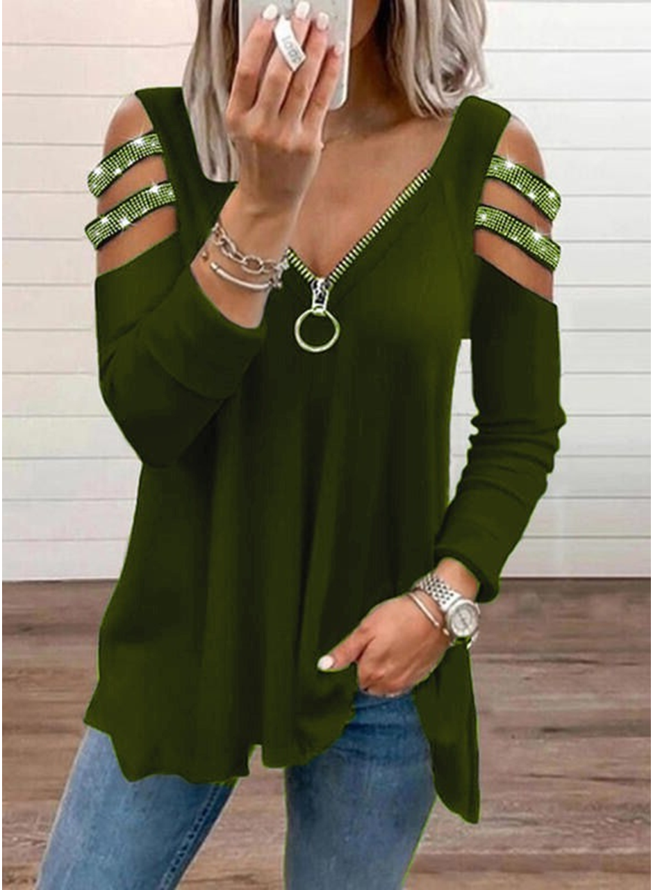 Kadın Haki Kolları Taş Işlemeli Uzun Kol Fermuarlı Viskon Bluz