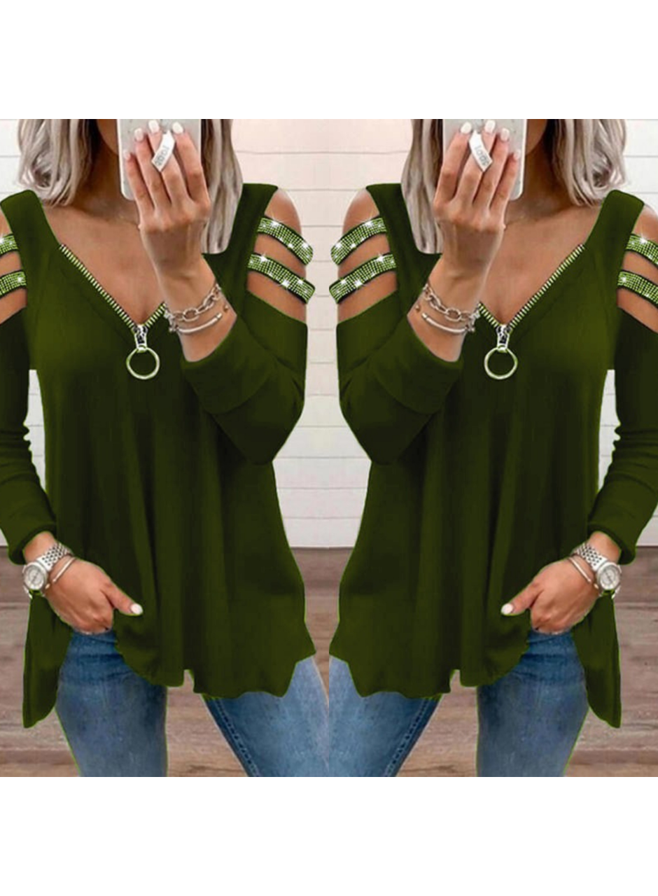 Kadın Haki Kolları Taş Işlemeli Uzun Kol Fermuarlı Viskon Bluz