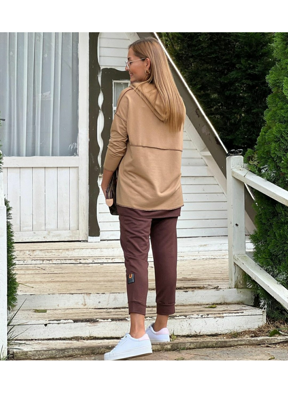 Kadın Kahve Kapşonlu Etek Ucu Detay Arma Ters Dikiş Gorunumlu Ikili Takım