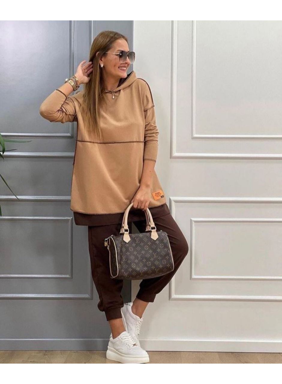 Kadın Kahve Kapşonlu Etek Ucu Detay Arma Ters Dikiş Gorunumlu Ikili Takım