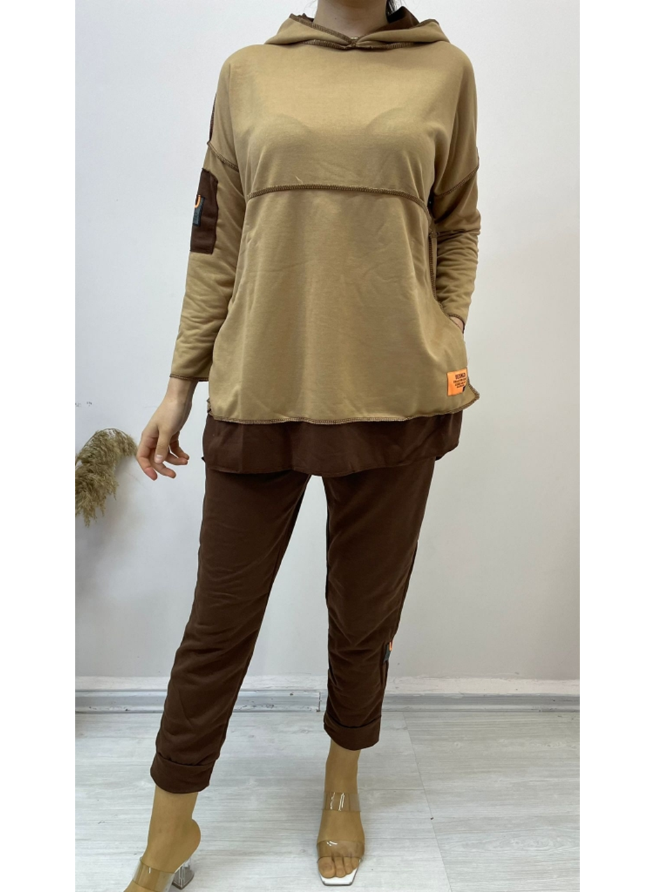 Kadın Kahve Kapşonlu Etek Ucu Detay Arma Ters Dikiş Gorunumlu Ikili Takım