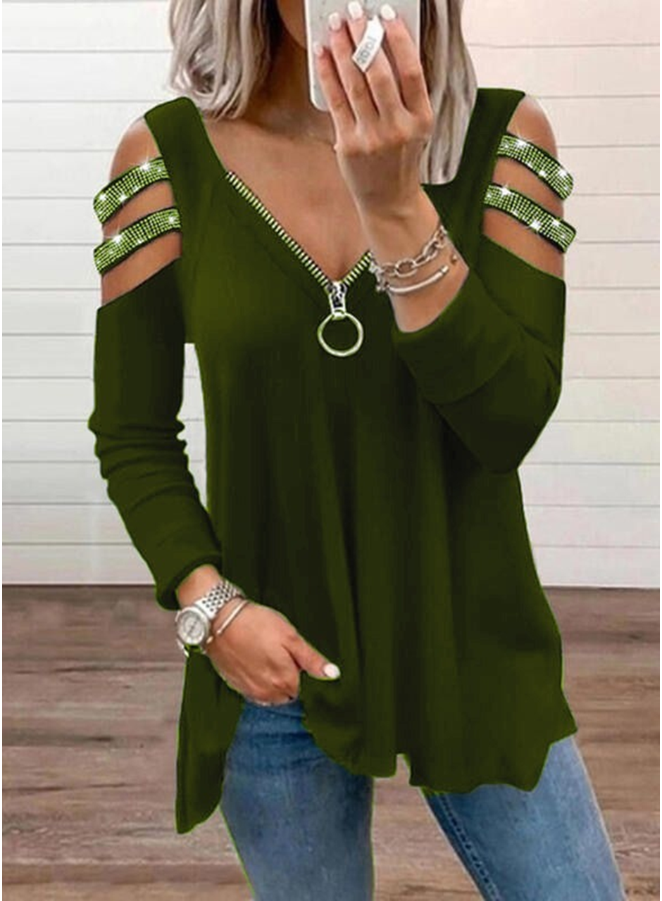 Kadın Haki Kolları Taş Işlemeli Uzun Kol Fermuarlı Viskon Bluz