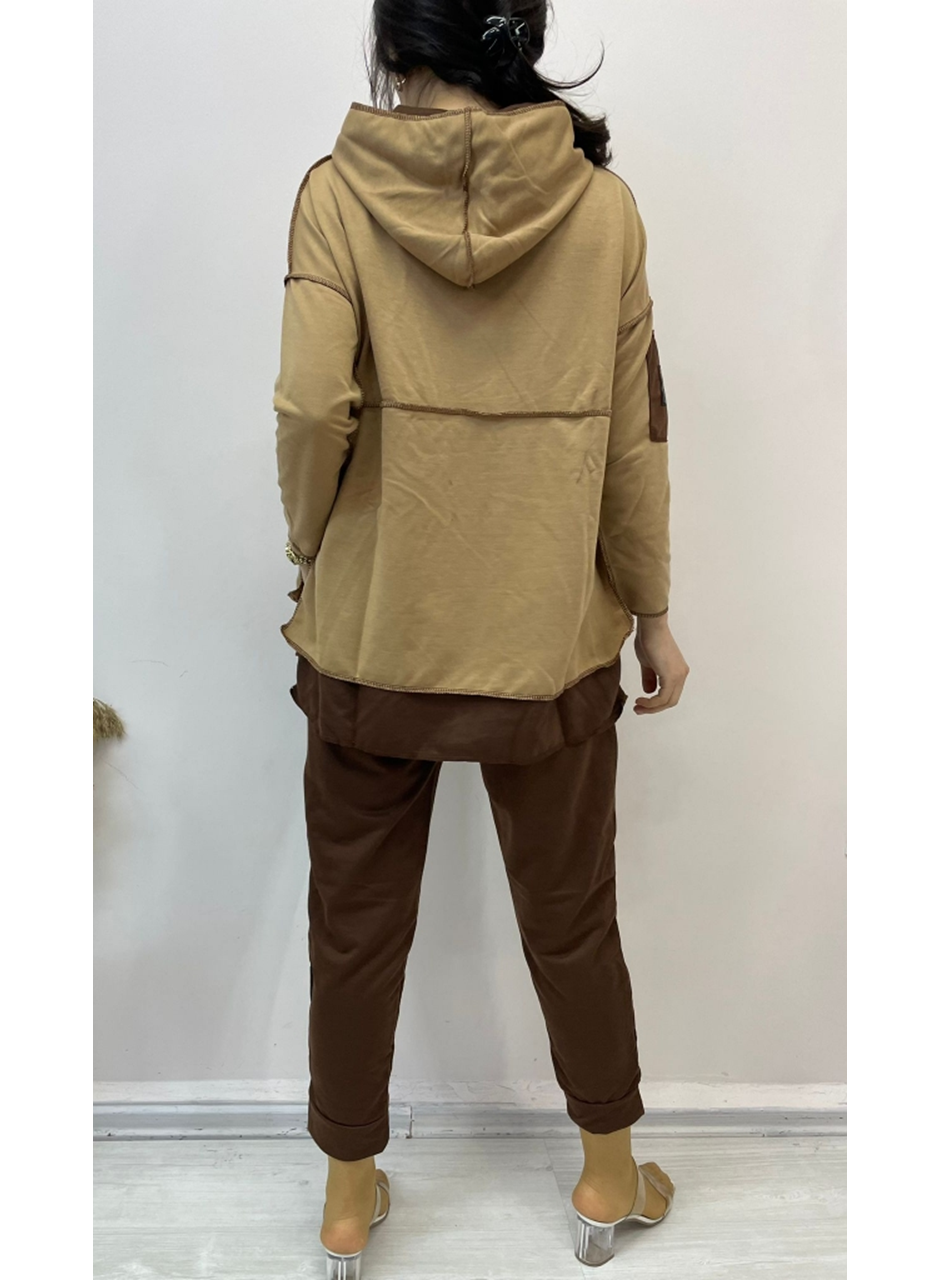 Kadın Kahve Kapşonlu Etek Ucu Detay Arma Ters Dikiş Gorunumlu Ikili Takım